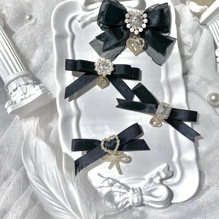 Jirai Kei Bow Hair Clips Set, Rhinestone & Pearl Accent 45776:866473