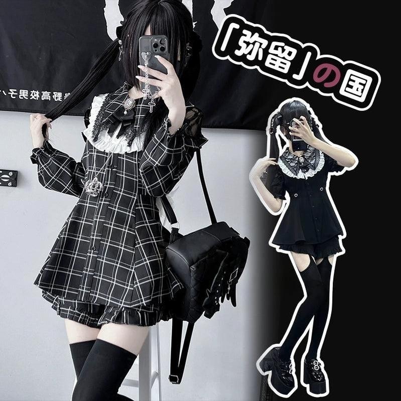 Jirai Kei Dress Set Black Plaid Dress With Puritan Collar 39506:760642