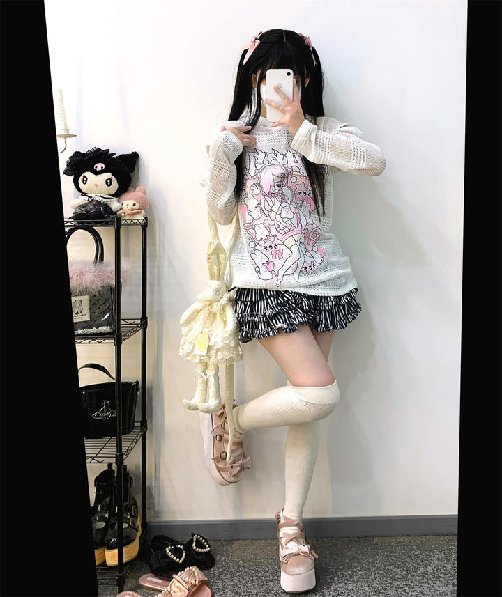 Jirai Kei Hoodie Open Shoulder Knitted Hollow Print Top (White) 34408:460298 (White) 34408:460298