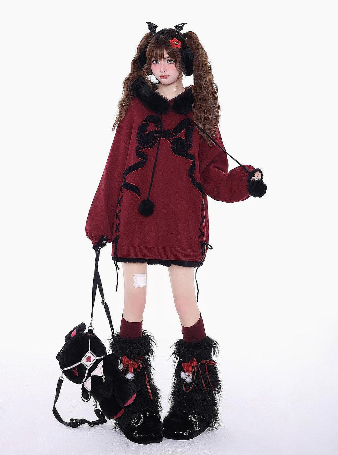 Yami Kawaii Sweater Bow Black Red Hoodie Detachable Collar 39556:650138