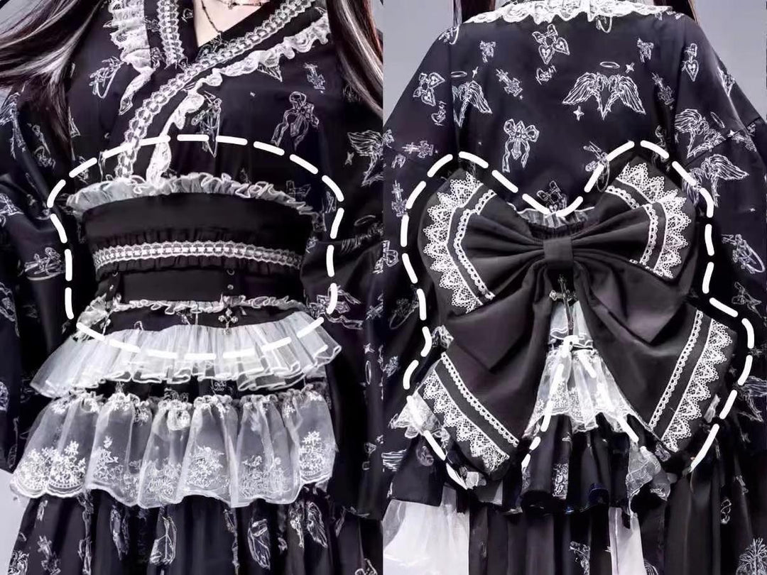 Gothic Blouse and Skirt Yukata Set, Wing Print (L M) 45129:836039