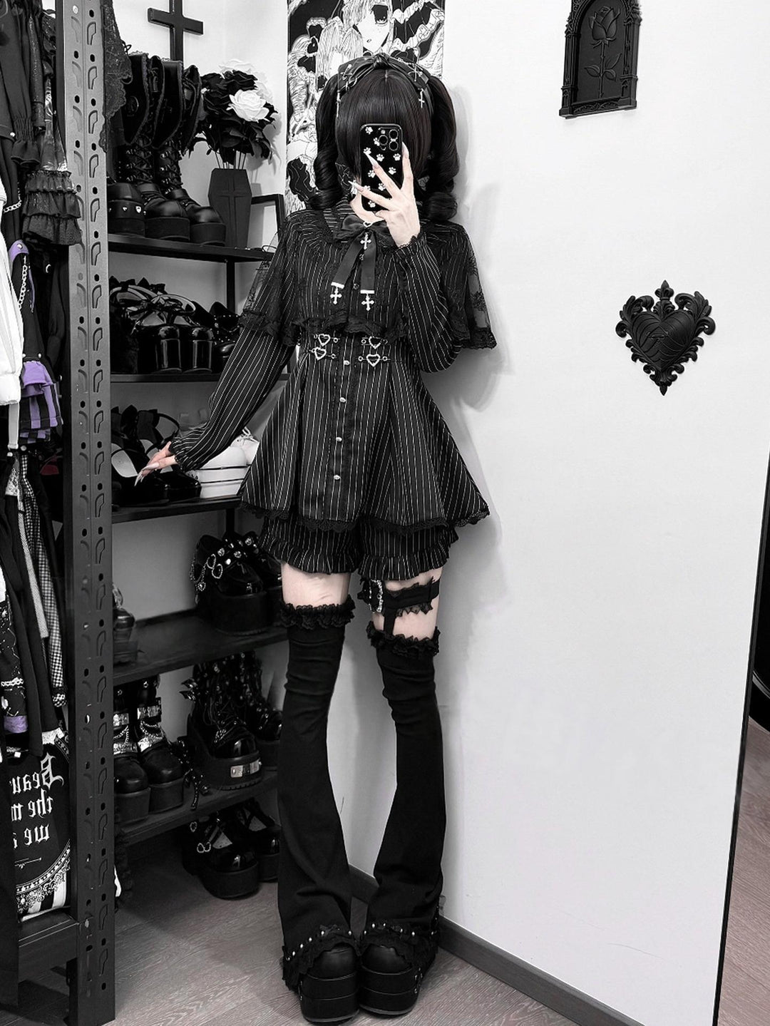 Striped Jirai Kei Dress, Black Lace Shawl 44786:827981