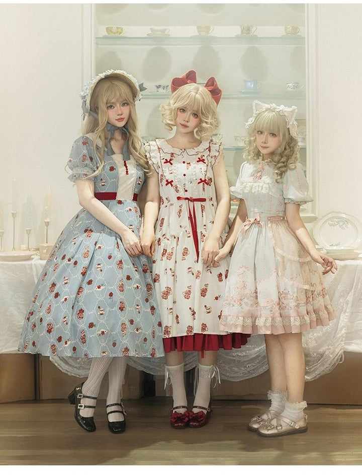 Classic Lolita Dress With Short Sleeve And Floral Tea Pot Print Multicolor 37134:552898