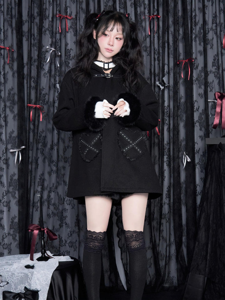 Jirai Kei Coat Black Jacket Heart-Shaped Pockets Hood 40390:667708