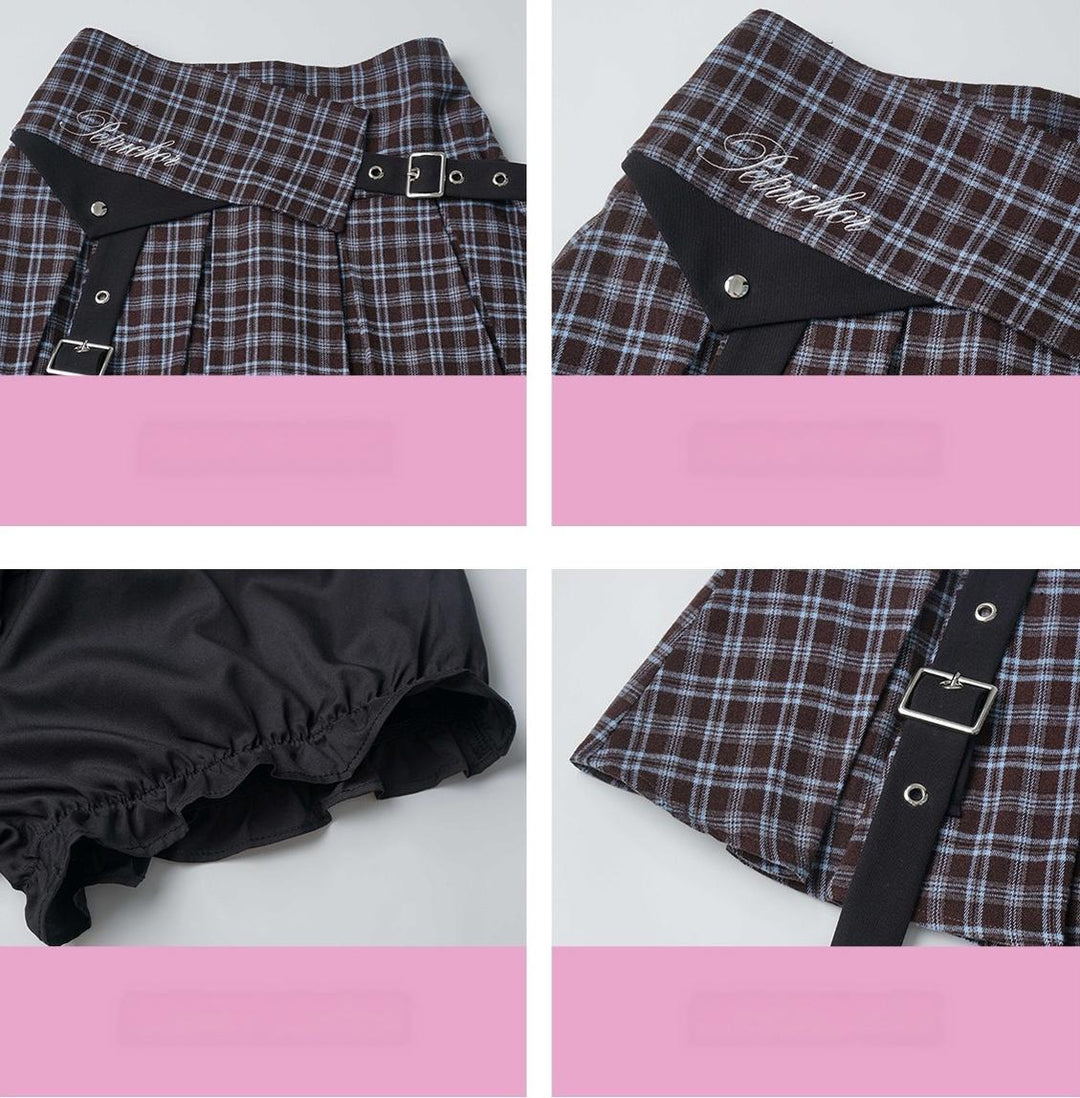Preppy Reversible Plaid Jacket Set, Striped Blouse 45874:868454