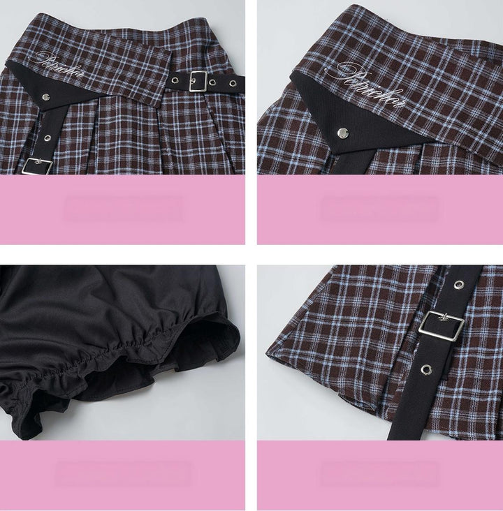 Preppy Reversible Plaid Jacket Set, Striped Blouse 45874:868454
