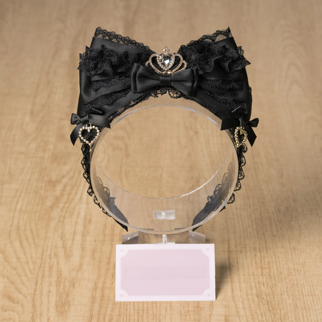 Jirai Kei Layered Bow Lace Headband, Crown & Heart Rhinestone 45960:870870