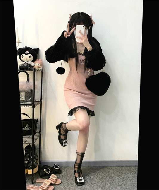 Jirai Kei Dress Ryousangata Lace Bodycon Dress (Pink) 34410:460044