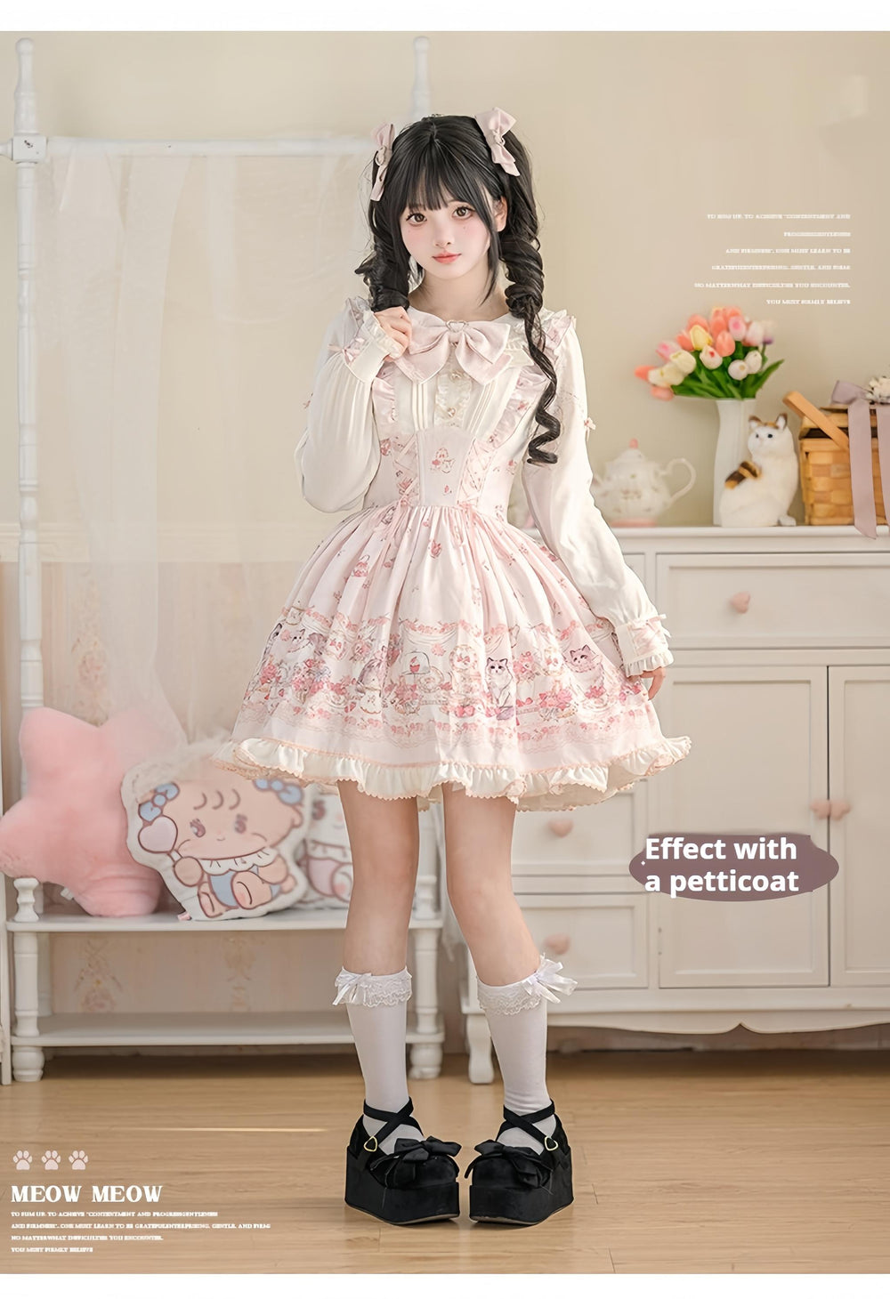 Kawaii Ryousangata Dress Long-sleeved Cat Printed OP Dress 40560:665180