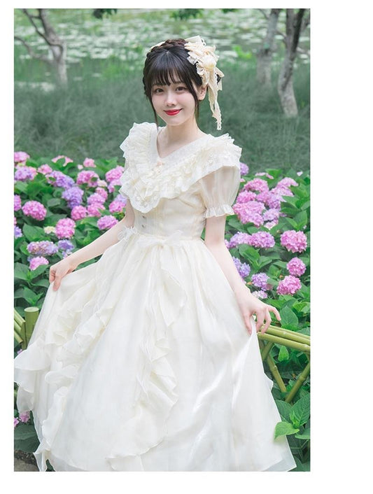 Classic Lolita Dress V-neck Lace Short Sleeve Daily Lolita Dress 37254:557998