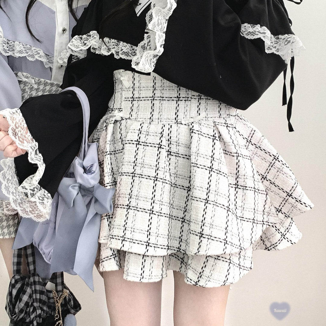 Jirai Kei Skirt Double-layer Skirt Black White Check Skirt (均码 / 现货 / 白格子) 40018:668136