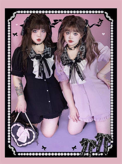 Plus Size Jirai Kei Blouse Short Sets Pink Black Full Set 21886:317352