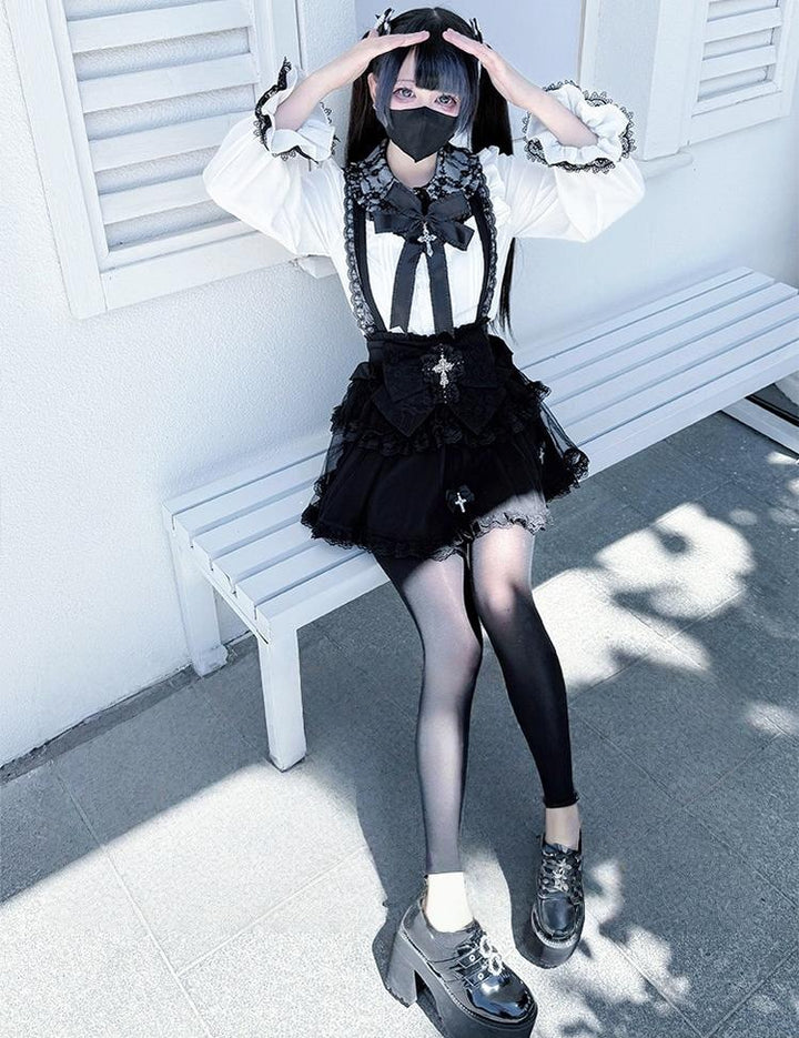 Plus Size Jirai Kei Cross Skirt Set, Detachable Suspender 43761:784557