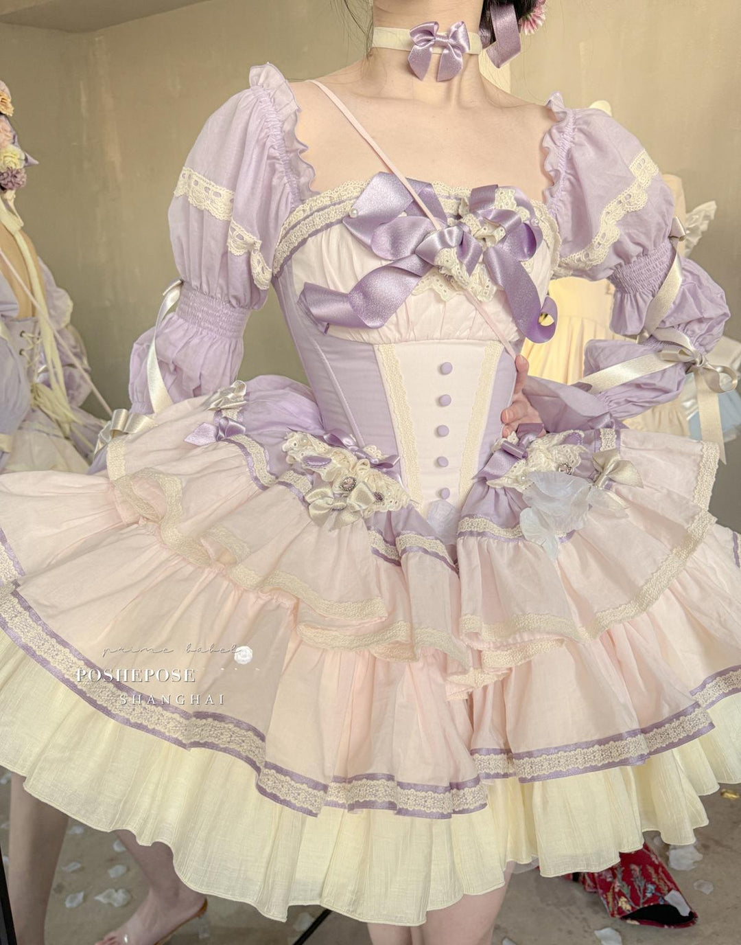 Lolita Dress Set Sweet Violet Pink Puffy Dress Corset Dress 36388:554830 36388:554830