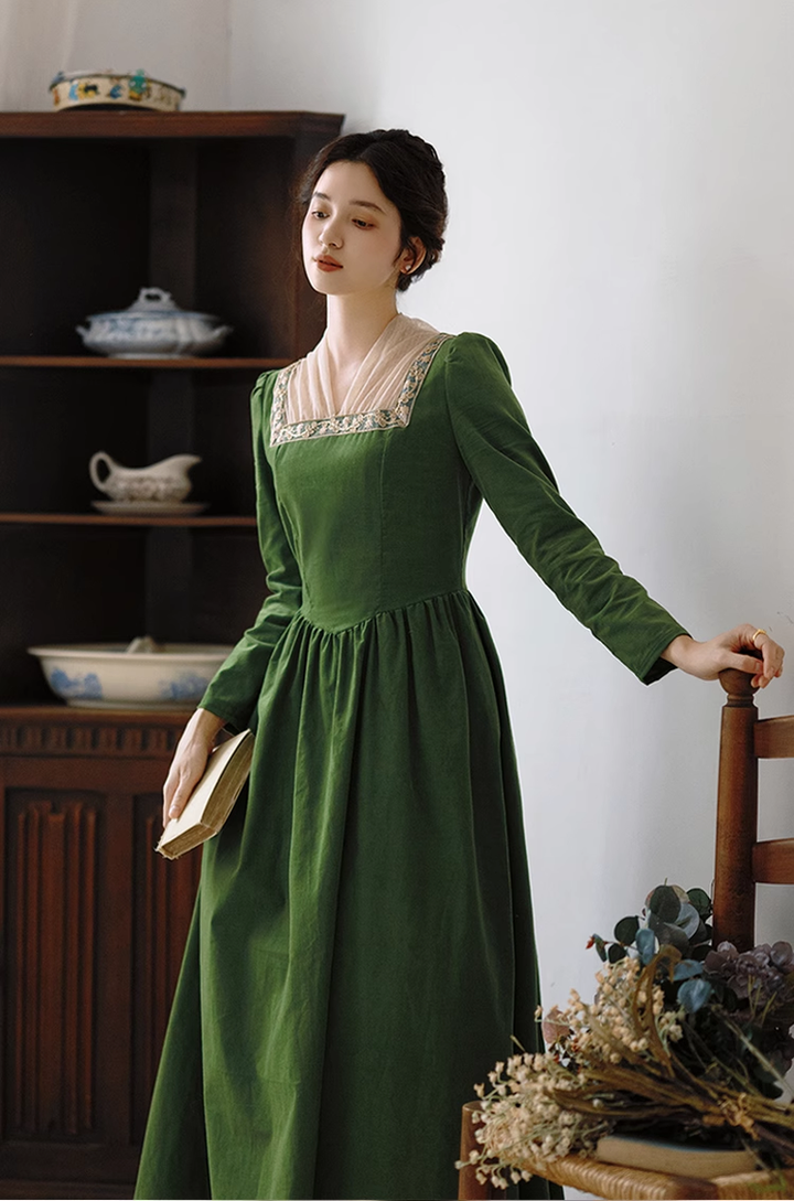 Retro Prom Dress Green Elegant Corduroy Court Dress 42200:732883