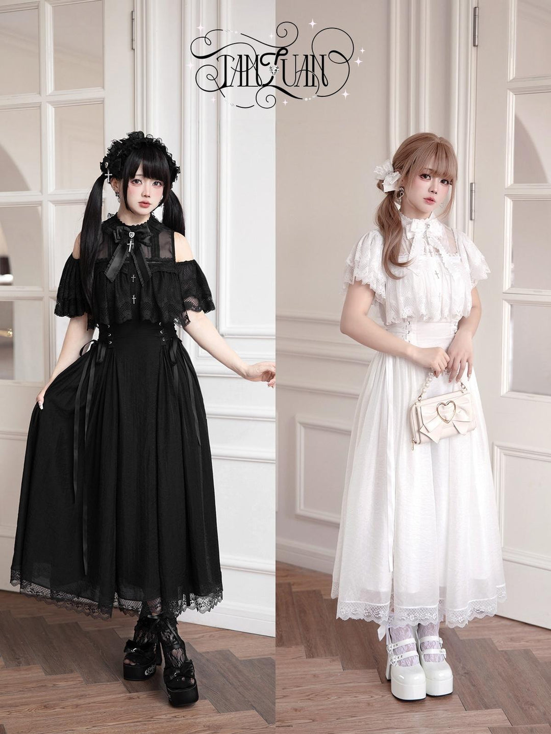 Black / White Jirai Kei Long Dress, Detachable Bow, Cross Detail S / White Dress + Wide-Ribbon Collar Bow