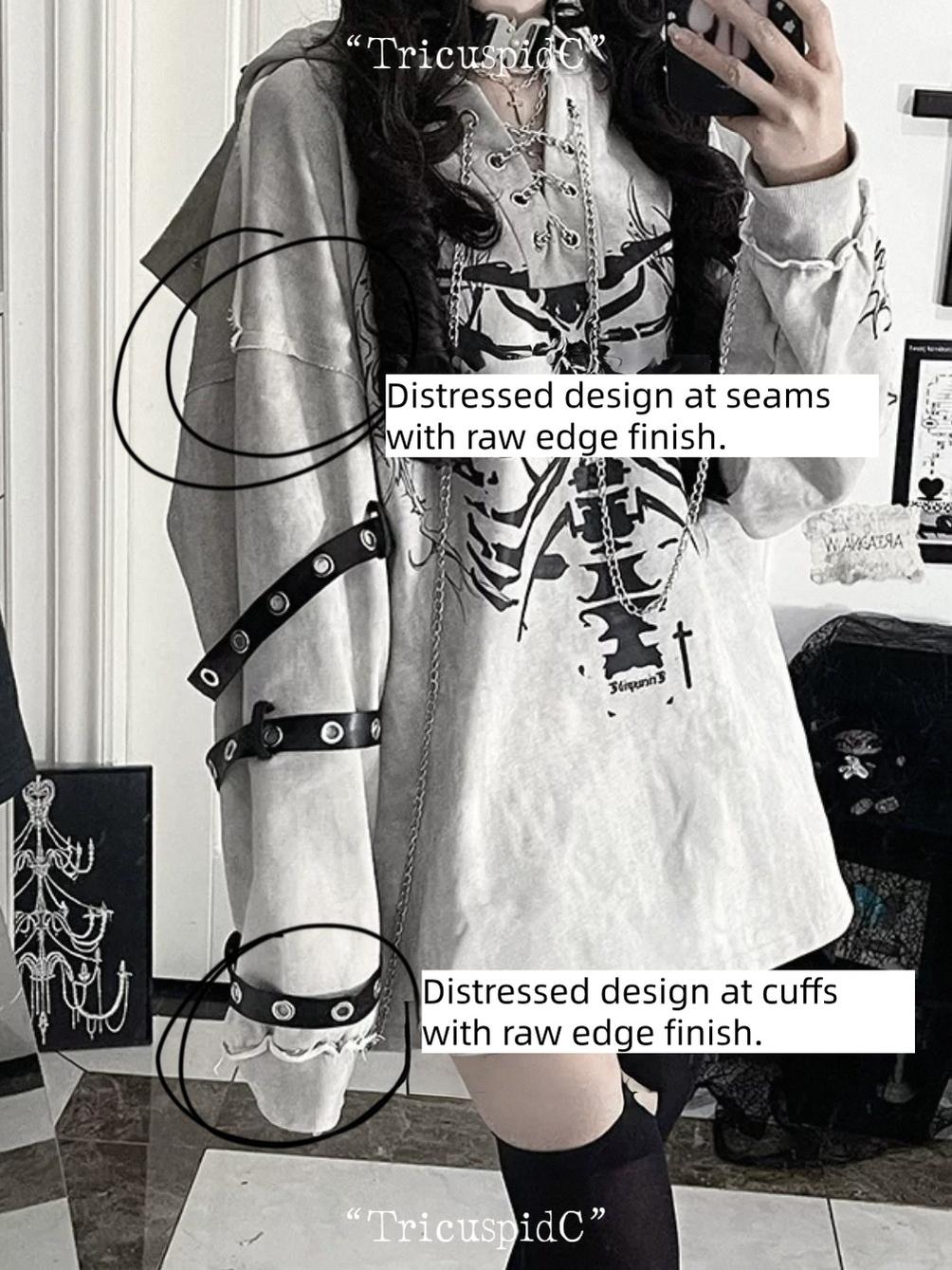 Ribcage Printed Subculture Hoodie, Ear-Accent Hood 44564:815278