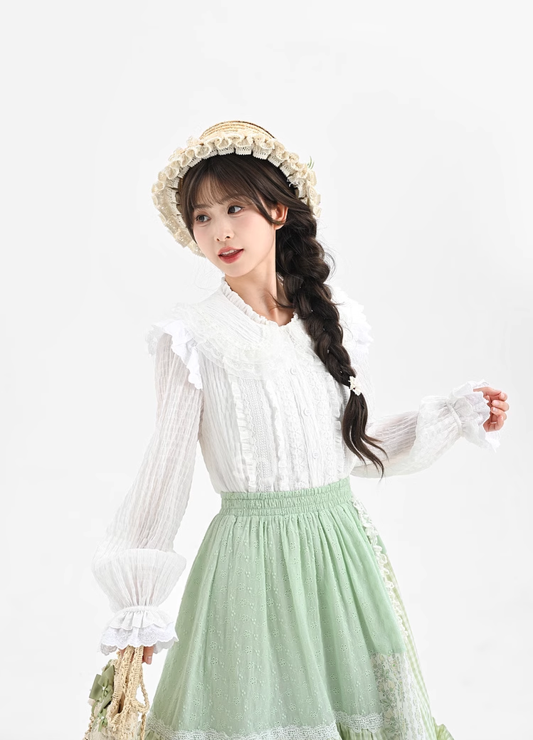 Mori Kei Blouse Lace Patchwork Shirt White Top 39290:631616