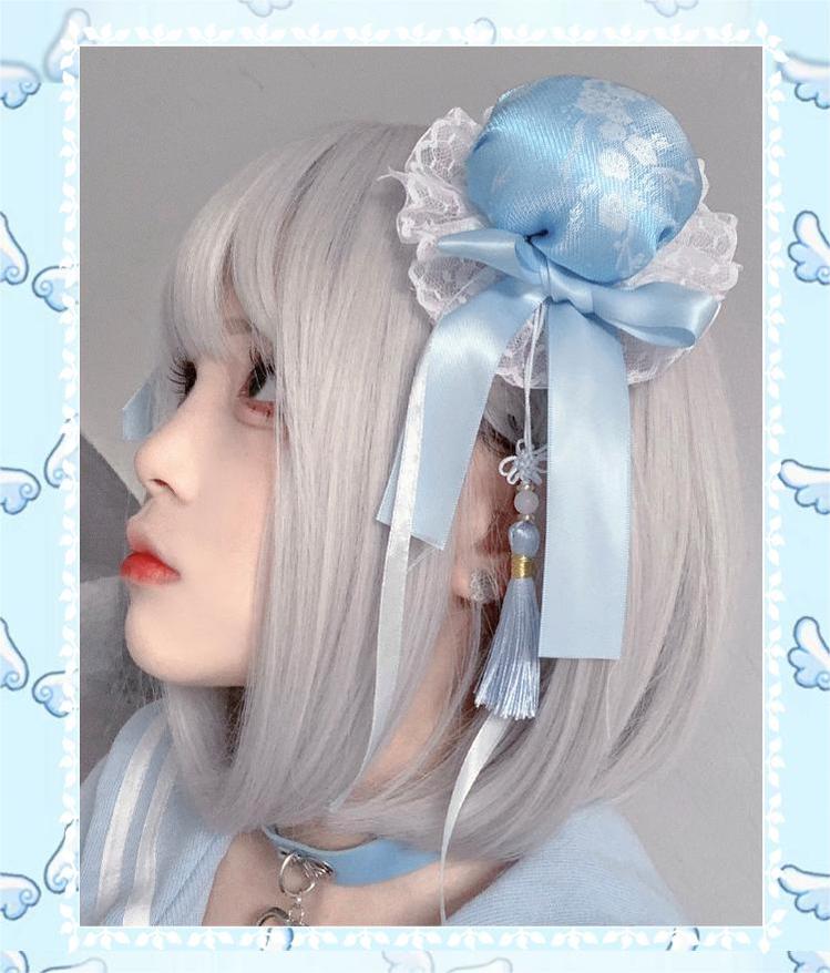 Jirai Kei Bicolor Hair Clip Embroidery Bun Tassel Hair Clip 21654:444992