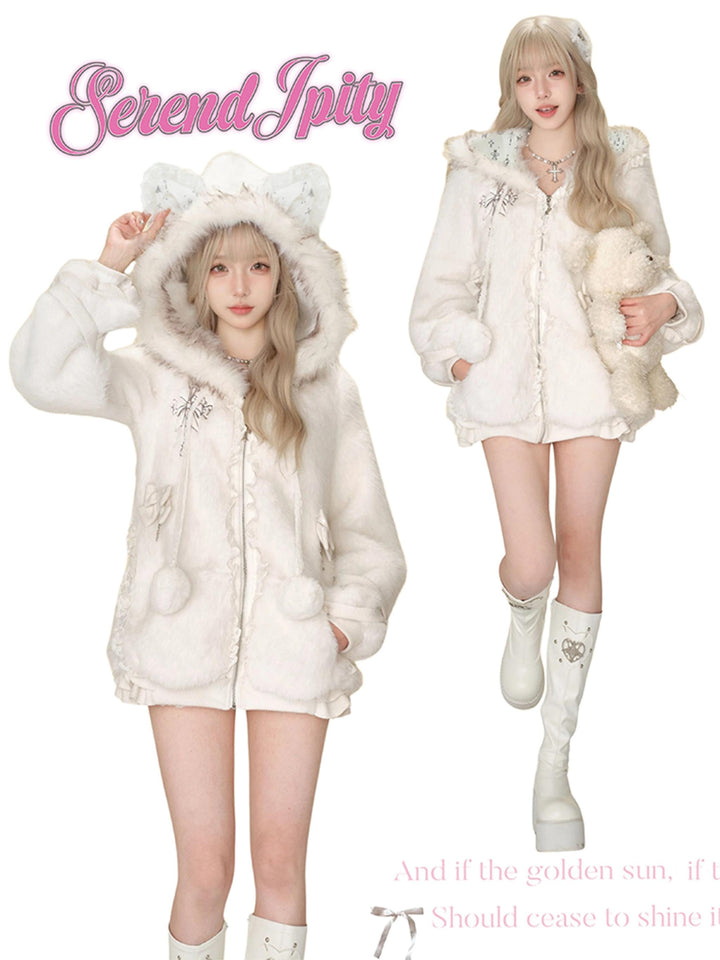 Subculture Winter Coat White Plush Cat Ear Coat And Tiered Skirt 41122:692092