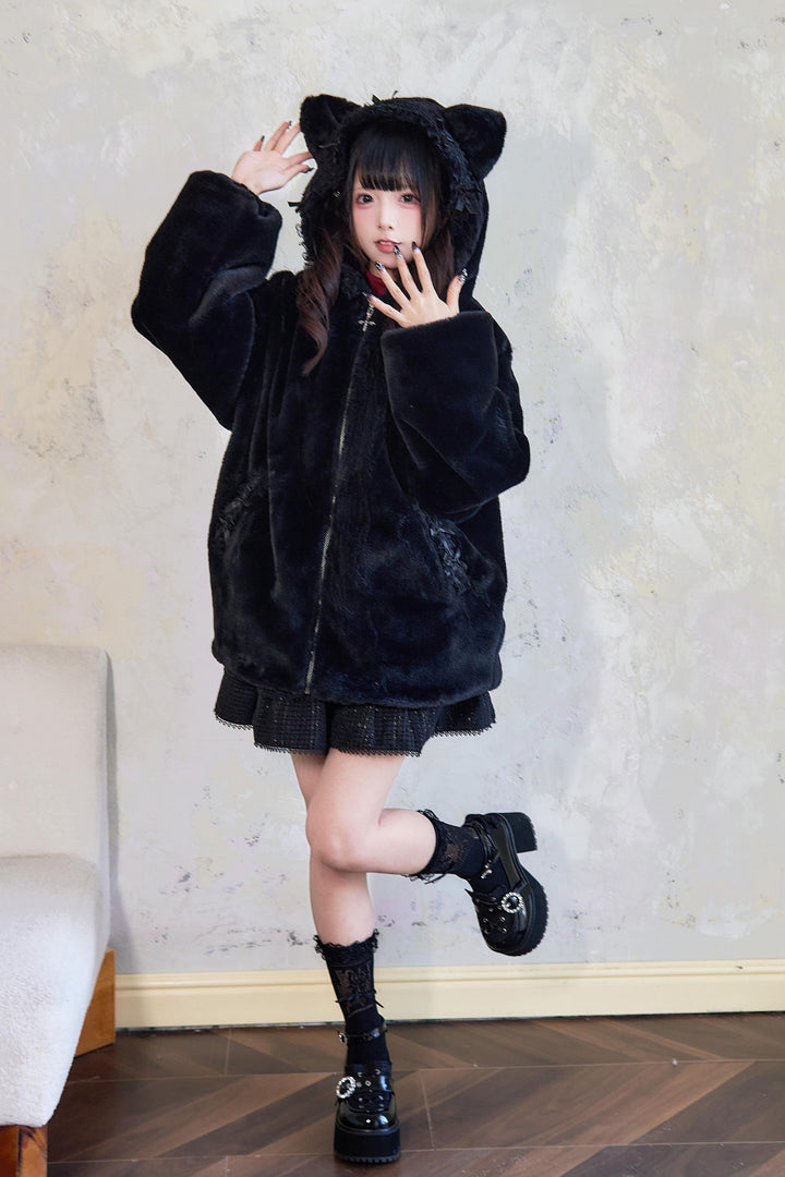 Jirai Kei Winter Coat Fleece Cat Ear Hooded Lace Bows Coat 41408:698042