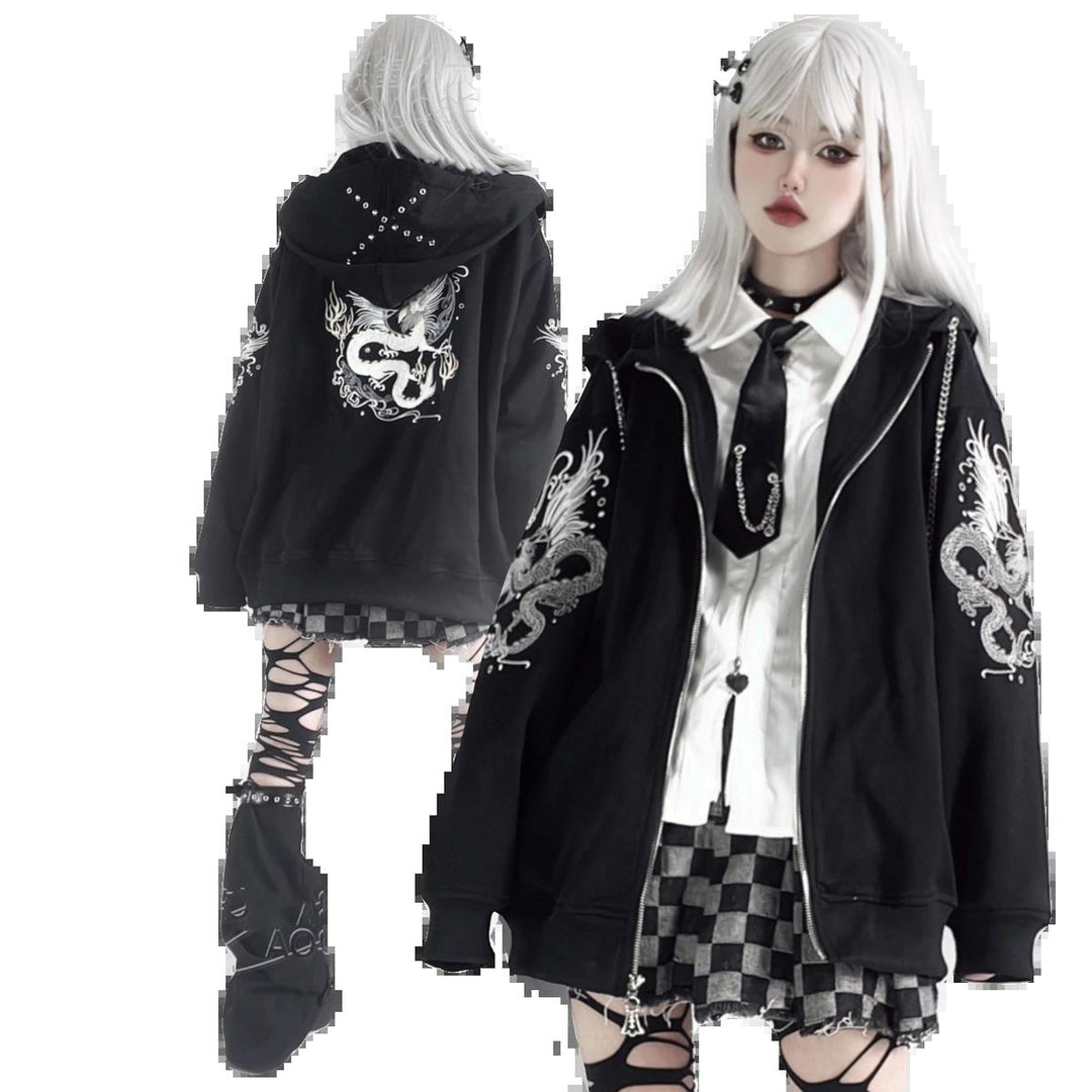 Subculture Black Coat Dragon Printed Hooded Jacket 38076:580604