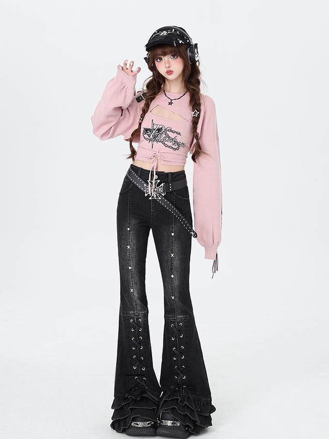 Gyaru Fashion Sweater Sexy Long-Sleeve Knitted Two-Piece Set 41788:719350