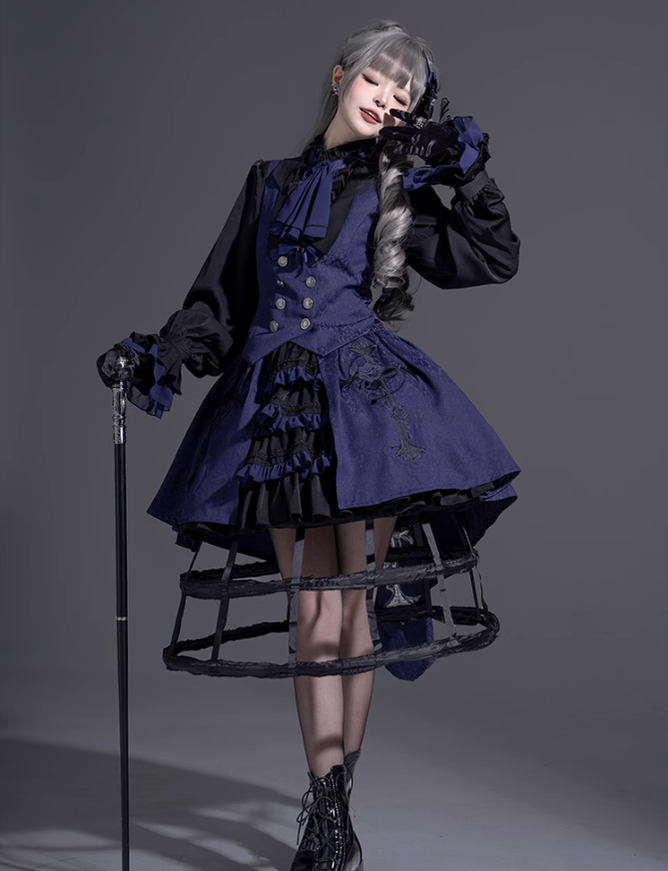 Ouji Lolita Prince Outfit Navy Blue Lolita Blouse Skirt Set 39360:633318