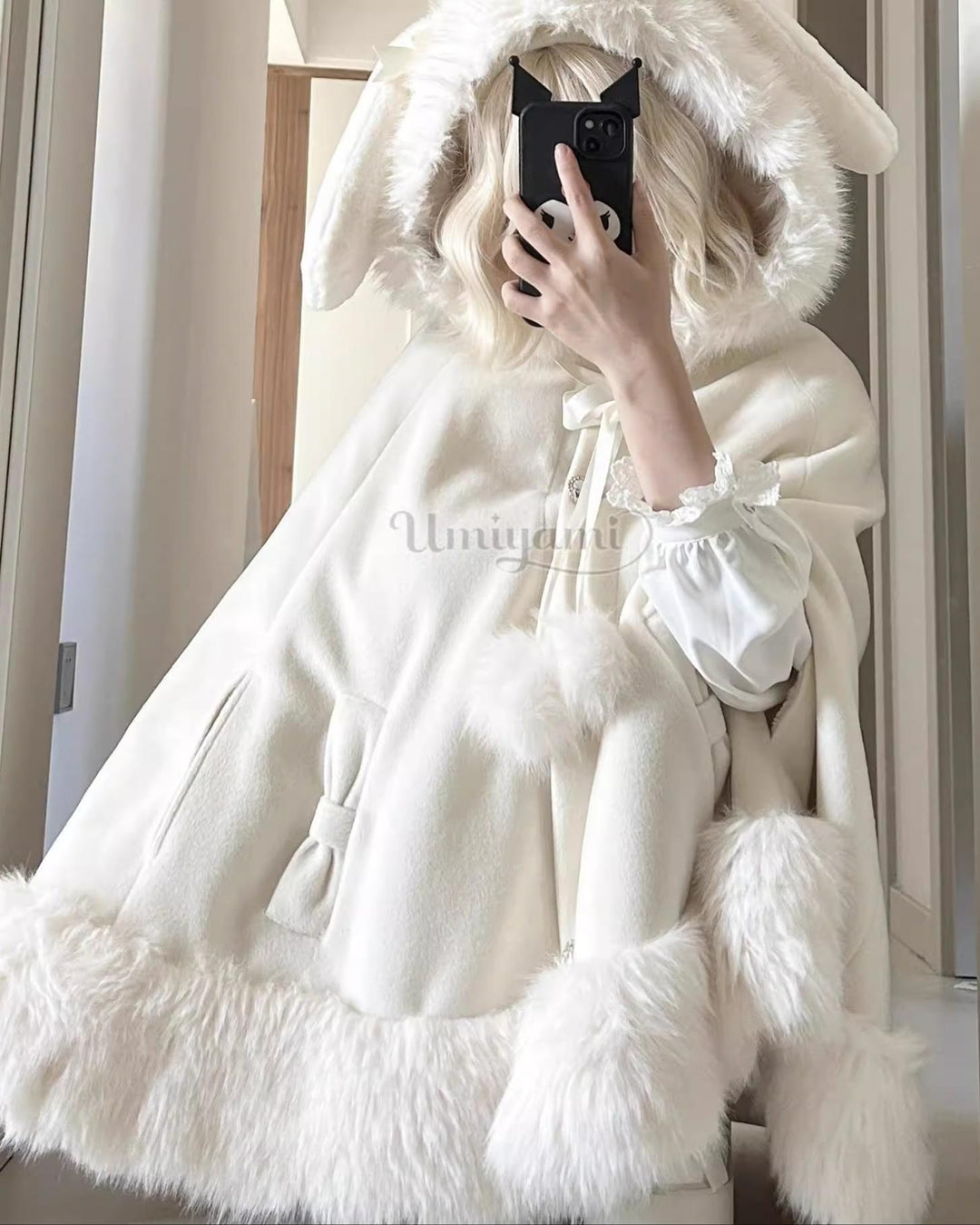 Jirai Kei Coat Bunny Ears Plush Collar Winter Hooded Cape 41894:719788