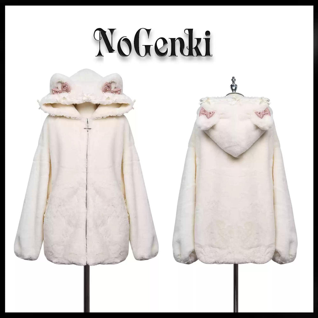 Jirai Kei Winter Coat Fleece Cat Ear Hooded Lace Bows Coat 41408:698070