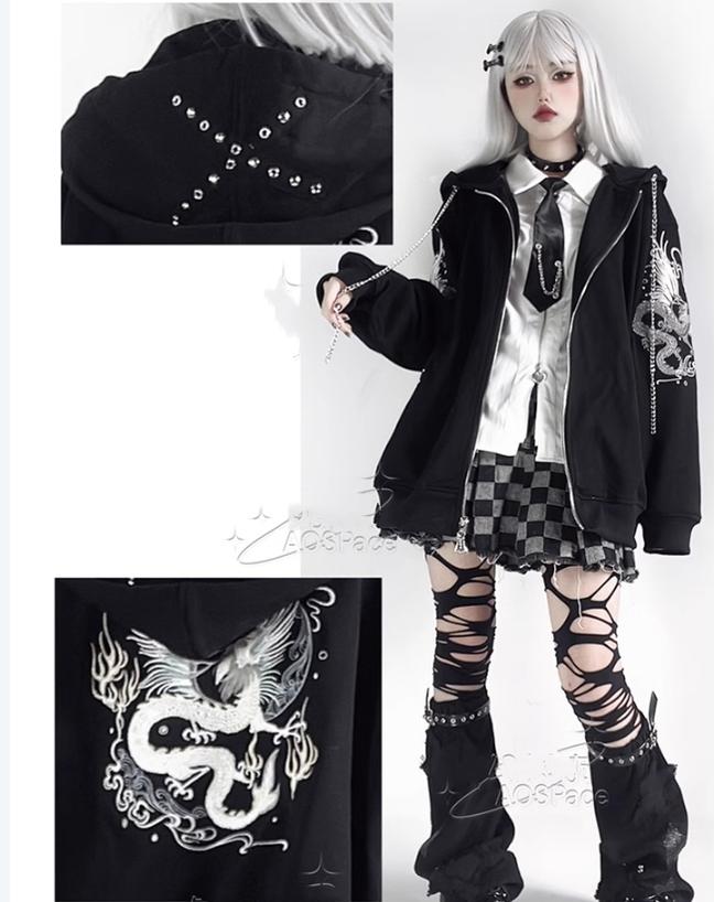 Subculture Black Coat Dragon Printed Hooded Jacket 38076:580606