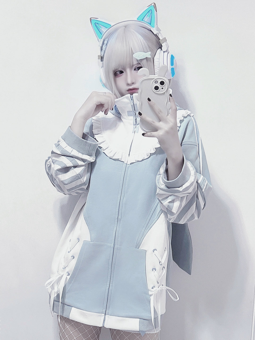 Jirai Kei Blue Hooded Coat With Long Bunny Ears 21834:461329 21834:461329