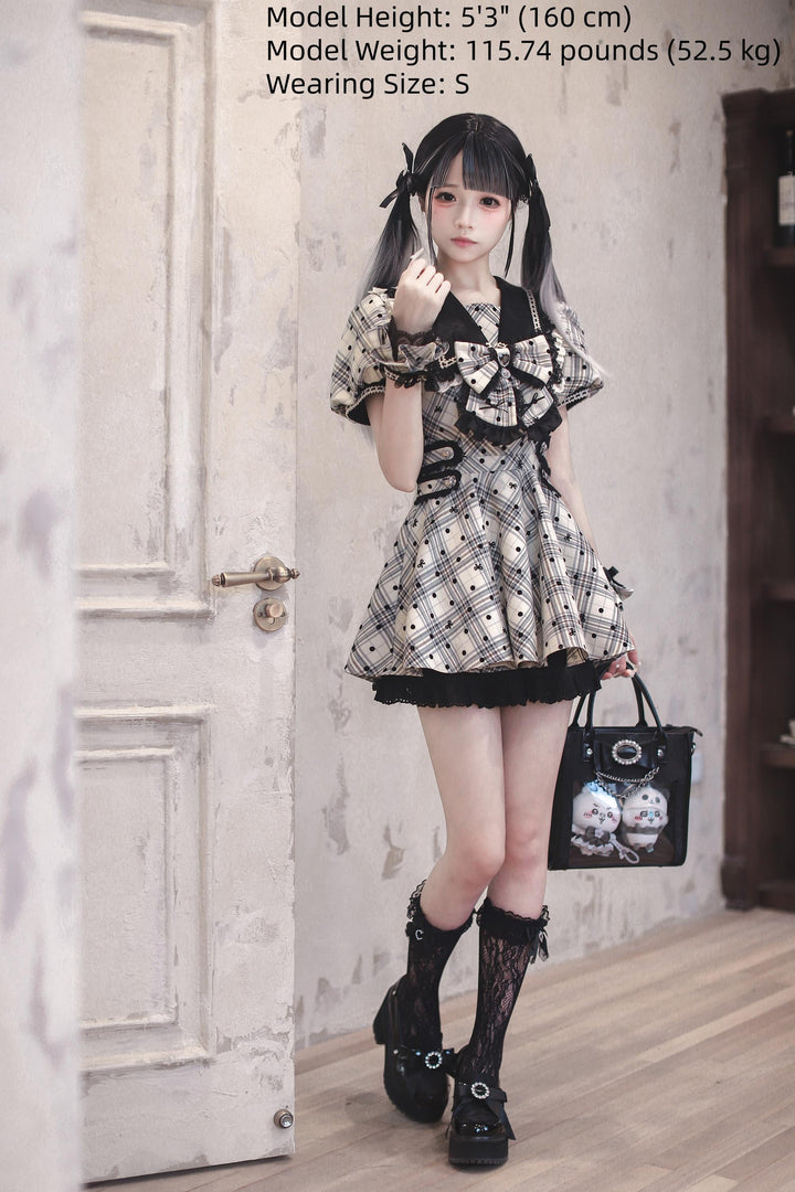 Cotton Lining Jirai Kei Dress, Plaid & Polka Dot Style 44924:830010