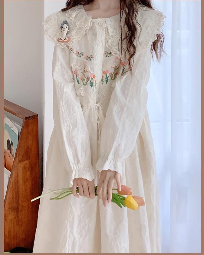 Mori Kei Peter Pan Collar Beige Lace Embroidery Long Sleeve Dress 22568:329408 22568:329408