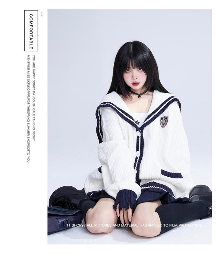 Preppy Cardigan Sailor Collar Sweater Embroidery Coat 40930:680550