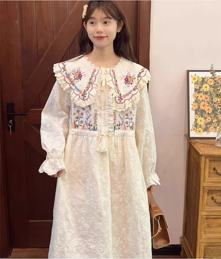 Cottagecore Dress Mori Kei Dress Embroidered Lace Dress 36214:524380