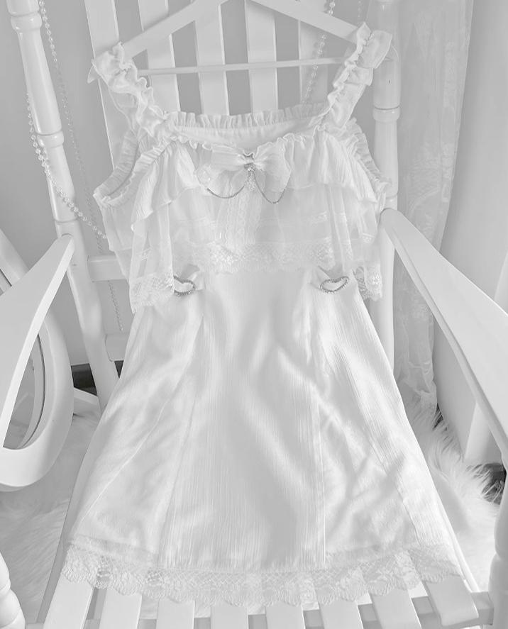 Solid White Jirai Kei Dress With Bust Sheer Overlay 43299:772982