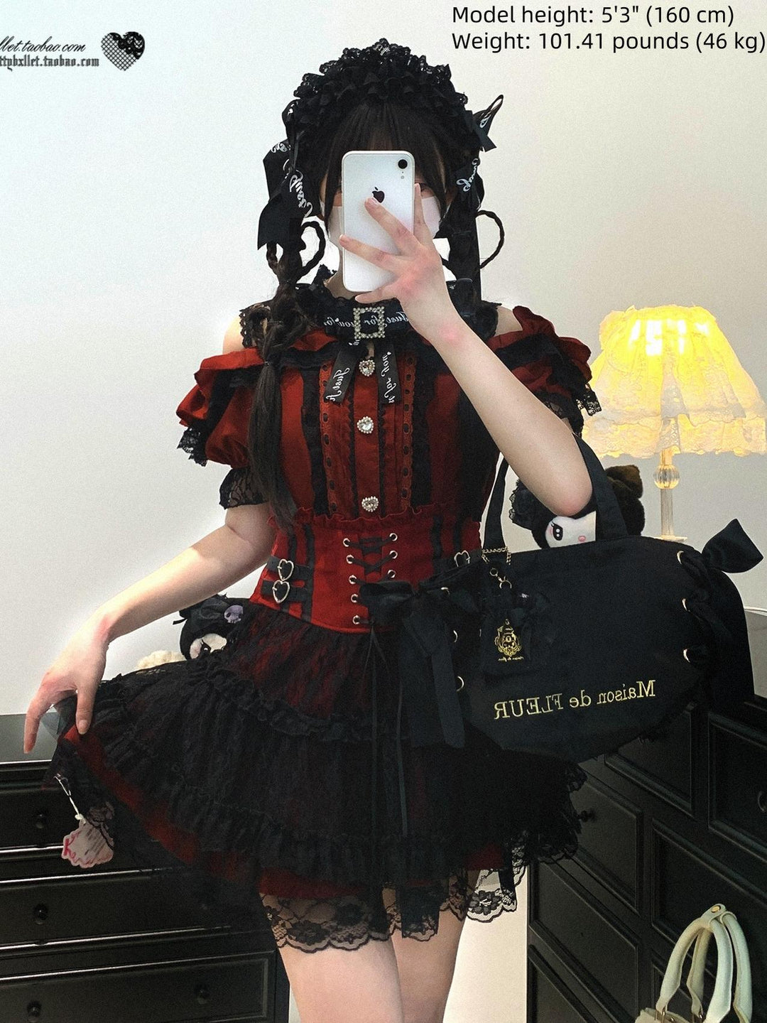 Lace Open Shoulder Jirai Kei Blouse, Heart Rhinestone 43692:783166