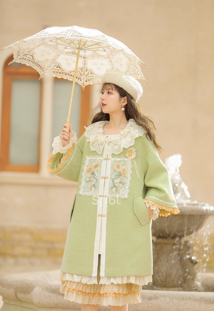 Mori Kei Coat Woolen Coat Green Coat Salopette 39288:645336