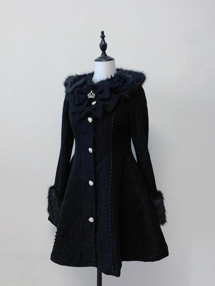 Jirai Kei Wool Blend Winter Coat, Quilted Lining (Black / L M) 44567:813957