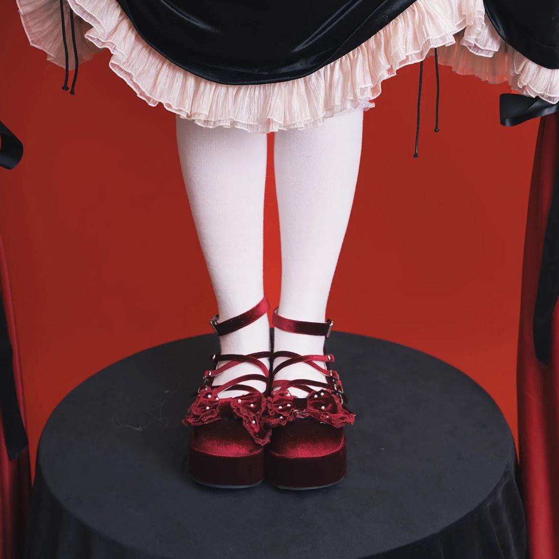 Lolita Shoes Velvet Platform Shoes Lace-up Mary Jane Shoes 37022:547554
