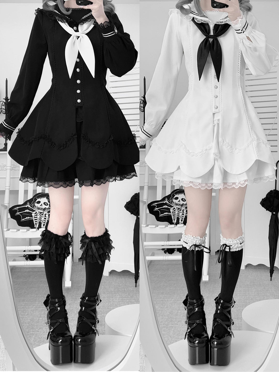 Sailor Collar Subculture Dress Set, Petal-Shaped Hem 43865:788525