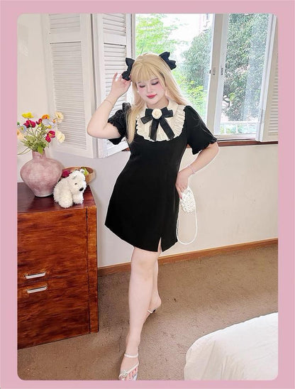 Plus Size Black Dress With Bow Tie And Rose 22060:323954