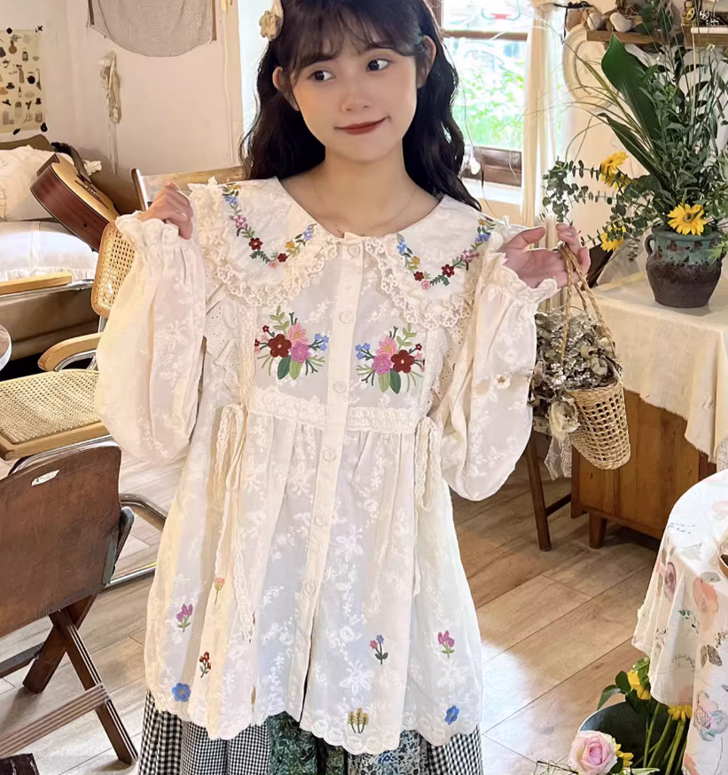 Mori Kei Blouse Flower Embroidery Shirt Anti-aging Top 36218:524770