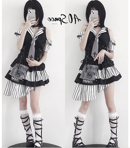 Jirai Kei Off-shoulder Striped Shirt And Ruffled Hem Skirt 37558:564438