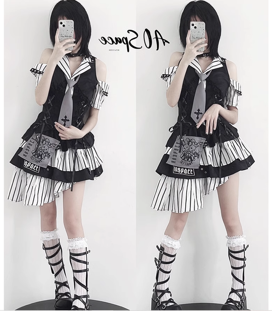 Jirai Kei Off-shoulder Striped Shirt And Ruffled Hem Skirt 37558:564438