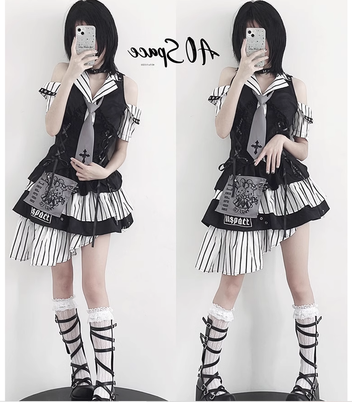 Subculture Off-shoulder Striped Shirt And Ruffled Hem Skirt 37558:564438