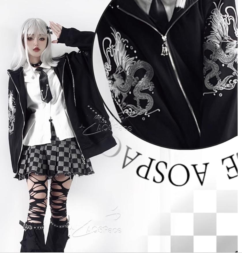 Subculture Black Coat Dragon Printed Hooded Jacket 38076:580596