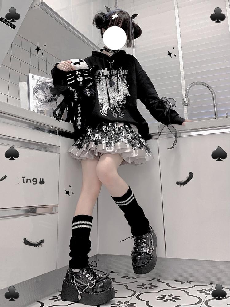 Jirai Kei Hoodie Black Top Angel Printed Hoodie Lace Up 37572:563144