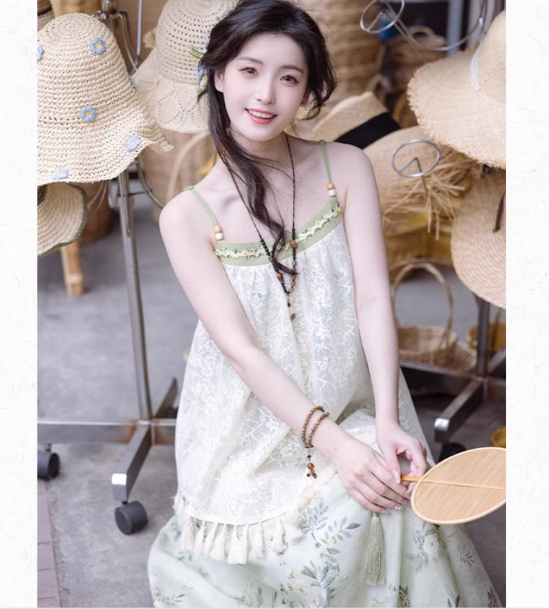 Cottagecore Dress Mori Kei Strap Dress Floral Dress With Tassels 36246:534470